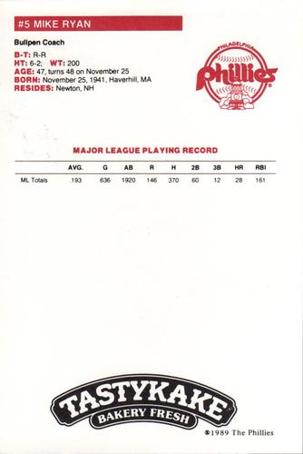 1989 Tastykake Philadelphia Phillies #NNO Mike Ryan Back