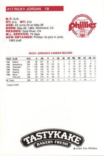 1989 Tastykake Philadelphia Phillies #NNO Ricky Jordan Back