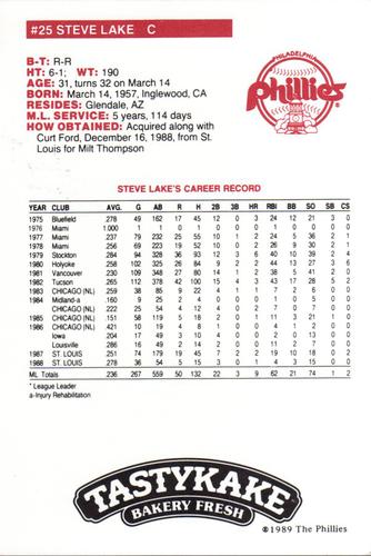 1989 Tastykake Philadelphia Phillies #NNO Steve Lake Back