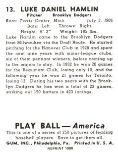 1988 1939 Play Ball Reprints #13 Luke Hamlin Back