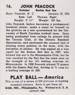 1988 1939 Play Ball Reprints #16 John Peacock Back