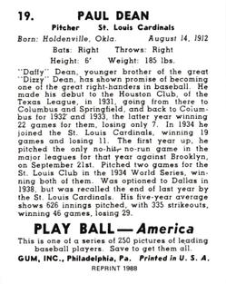 1988 1939 Play Ball Reprints #19 Paul Dean Back