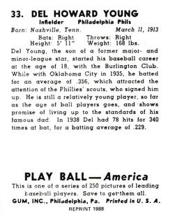 1988 1939 Play Ball Reprints #33 Del Young Back