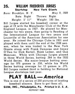 1988 1939 Play Ball Reprints #35 Billy Jurges Back