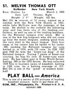 1988 1939 Play Ball Reprints #51 Mel Ott Back