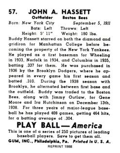 1988 1939 Play Ball Reprints #57 Buddy Hassett Back