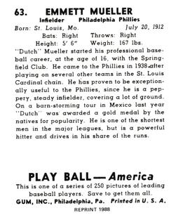 1988 1939 Play Ball Reprints #63 Heinie Mueller Back
