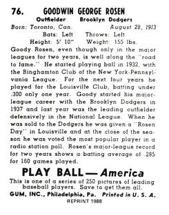 1988 1939 Play Ball Reprints #76 Goodwin Rosen Back