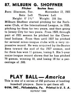 1988 1939 Play Ball Reprints #87 Milburn Shoffner Back