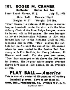 1988 1939 Play Ball Reprints #101 Doc Cramer Back