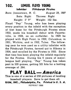 1988 1939 Play Ball Reprints #102 Pep Young Back