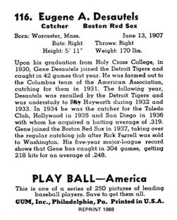 1988 1939 Play Ball Reprints #116 Gene Desautels Back