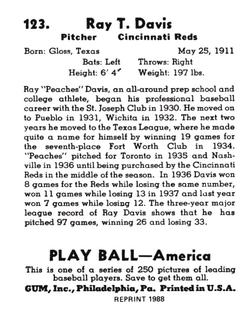 1988 1939 Play Ball Reprints #123 Peaches Davis Back