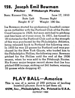 1988 1939 Play Ball Reprints #128 Joe Bowman Back