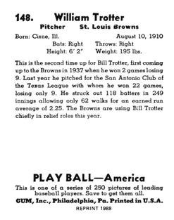 1988 1939 Play Ball Reprints #148 Bill Trotter Back