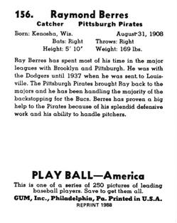 1988 1939 Play Ball Reprints #156 Ray Berres Back
