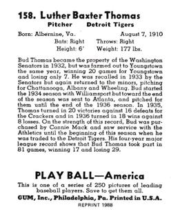 1988 1939 Play Ball Reprints #158 Bud Thomas Back