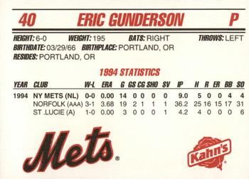 1995 Kahn's New York Mets #NNO Eric Gunderson Back