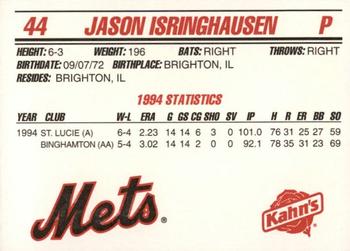 1995 Kahn's New York Mets #NNO Jason Isringhausen Back