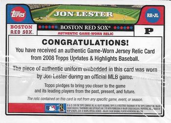 2008 Topps Updates & Highlights - Relics #RR-JL Jon Lester Back