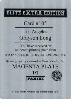 2015 Panini Elite Extra Edition - Autographed Prospects Printing Plate Megenta #105 Grayson Long Back