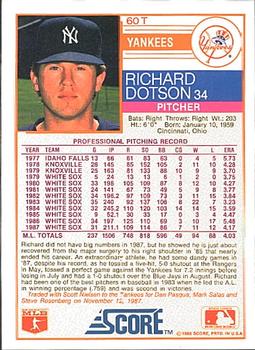 1988 Score Rookie & Traded #60T Richard Dotson Back