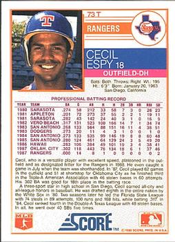 1988 Score Rookie & Traded #73T Cecil Espy Back