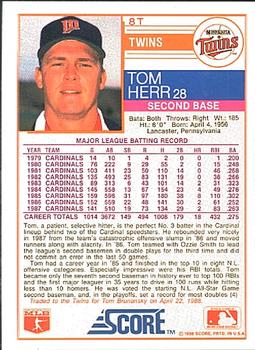 1988 Score Rookie & Traded #8T Tom Herr Back
