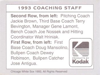 1993 Kodak Chicago White Sox #NNO Coaching Staff - Jose Antigua / Terry Bevington / Jackie Brown / Gene Lamont / Joe Nossek / Walt Hriniak / Doug Mansolino / Dewey Robinson Back
