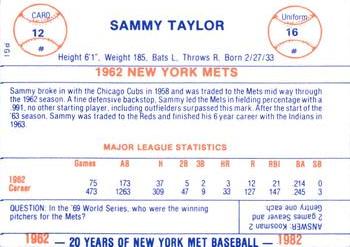 1982 Galasso 20 Years of New York Mets #12 Sammy Taylor Back
