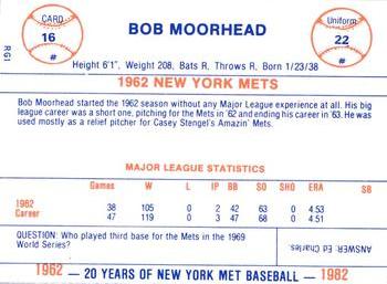 1982 Galasso 20 Years of New York Mets #16 Bob Moorhead Back