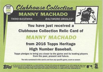 2016 Topps Heritage - Clubhouse Collection Relics #CCR-MM Manny Machado Back