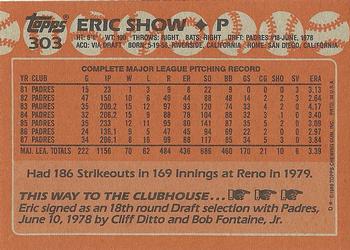 1988 Topps #303 Eric Show Back