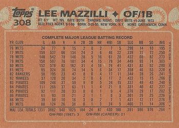 1988 Topps #308 Lee Mazzilli Back
