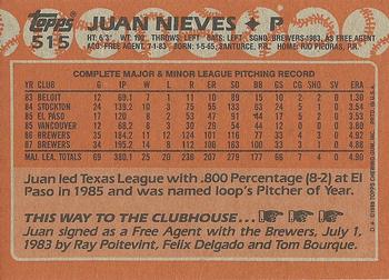 1988 Topps #515 Juan Nieves Back