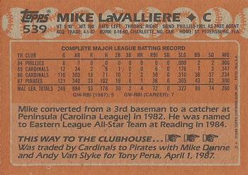 1988 Topps #539 Mike LaValliere Back