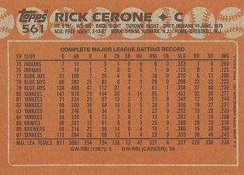 1988 Topps #561 Rick Cerone Back