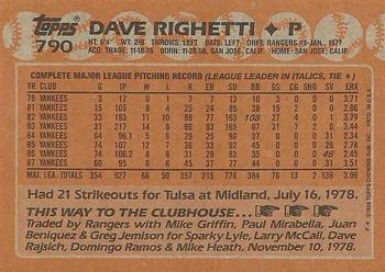 1988 Topps #790 Dave Righetti Back