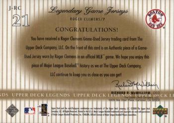 2000 Upper Deck Legends - Legendary Game Jerseys #J-RC Roger Clemens  Back