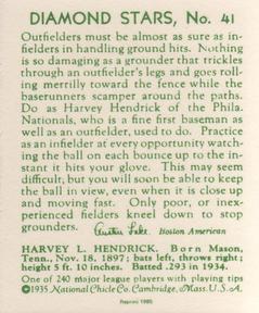 1985 1934-1936 Diamond Stars (reprint) #41 Harvey Hendrick Back