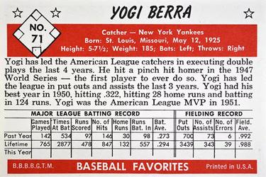 1979 Card Collectors 1953 Bowman Black & White Extension #71 Yogi Berra Back