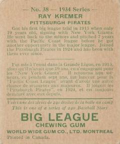 1934 World Wide Gum (V354) #38 Ray Kremer Back