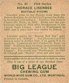 1934 World Wide Gum (V354) #45 Horace Lisenbee Back