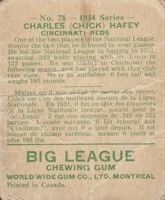 1934 World Wide Gum (V354) #78 Chick Hafey Back