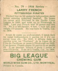 1934 World Wide Gum (V354) #79 Larry French Back