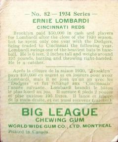 1934 World Wide Gum (V354) #82 Ernie Lombardi Back