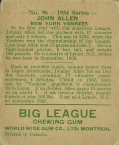 1934 World Wide Gum (V354) #96 John Allen Back