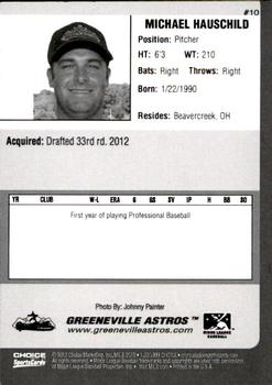 2012 Choice Greeneville Astros #10 Michael Hauschild Back