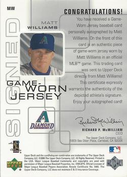 2000 Upper Deck Pros & Prospects - Game Jersey Autograph #MW Matt Williams  Back