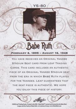 2016 Leaf Babe Ruth Collection - Original Yankee Stadium Seat Silver #YS-80 Babe Ruth Back